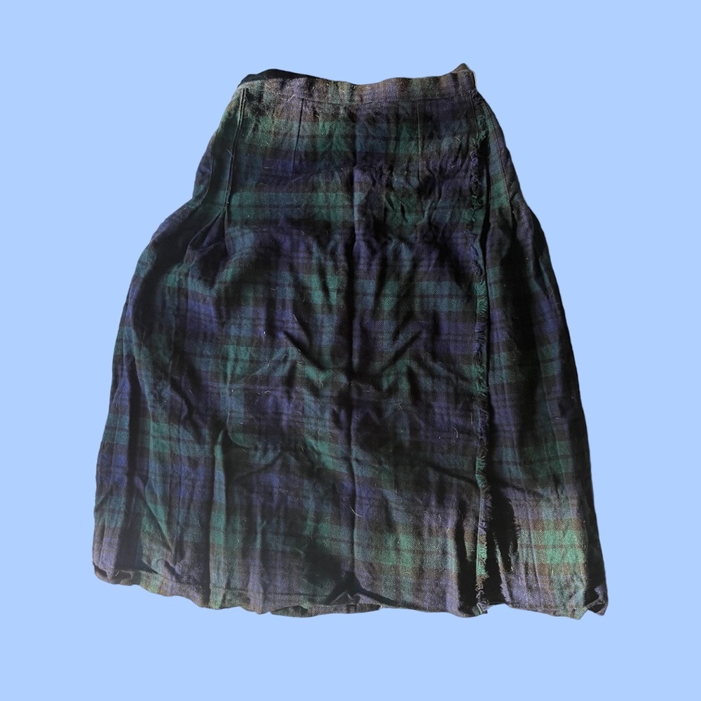 Vintage 90s Wool Navy & Green Plaid Tartan Kilt Wrap Skirt Buckles